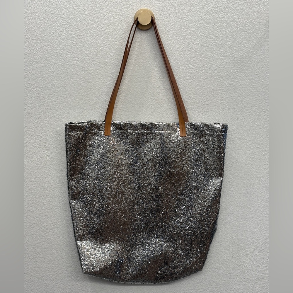 NWOT - IGEdesign.com Silver Glitter Tote Bag with Brown Leather Handles